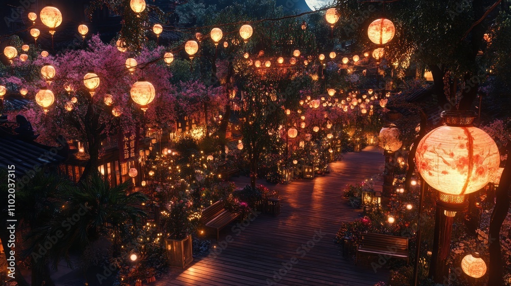 Fototapeta premium Illuminated pathway through a magical, lantern-lit garden at night.