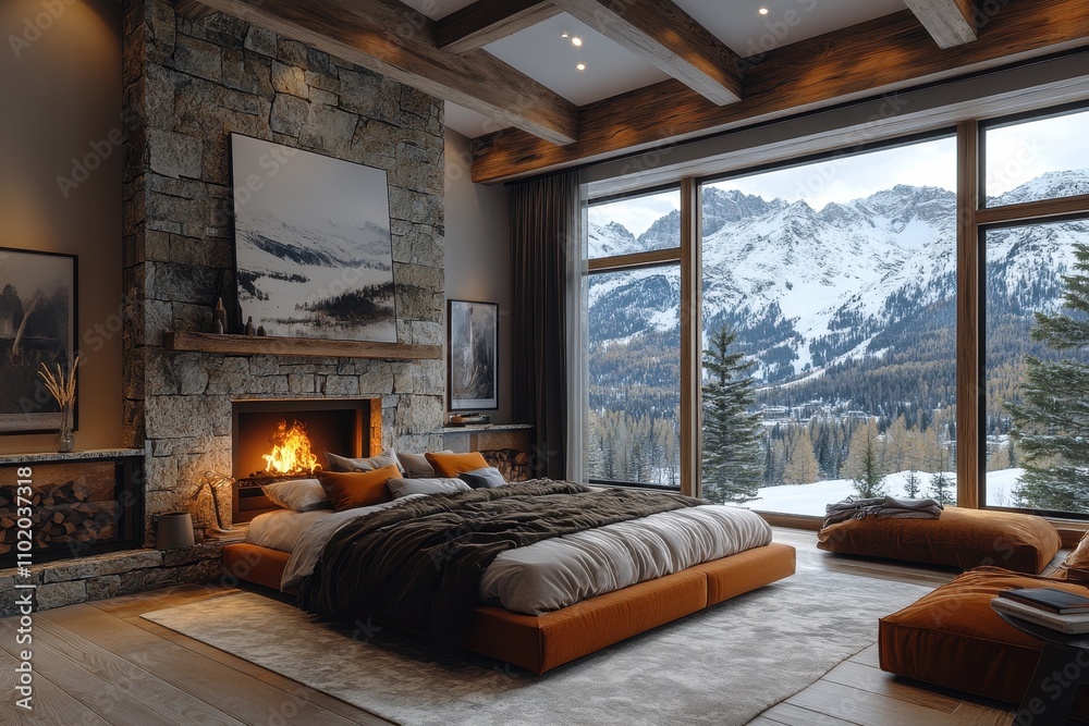 High-ceiling bedroom with a stone fireplace and wooden decor creating a serene retreat.