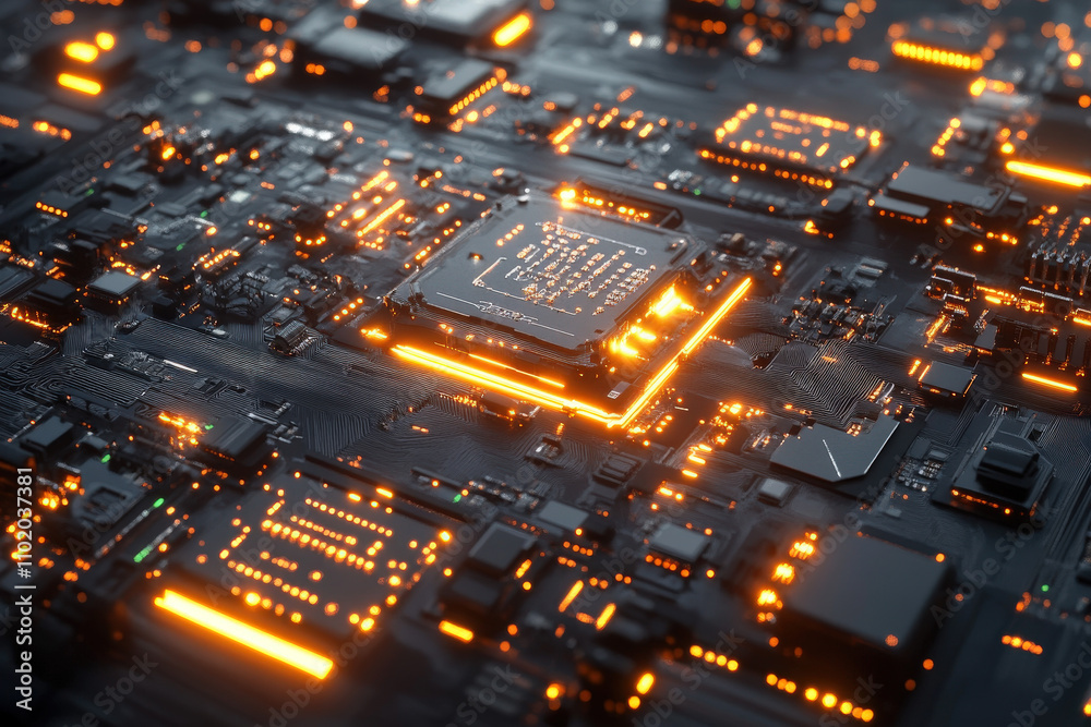 High-Tech Circuit Board with Orange Glow High-Tech Circuit Board with Orange Glow