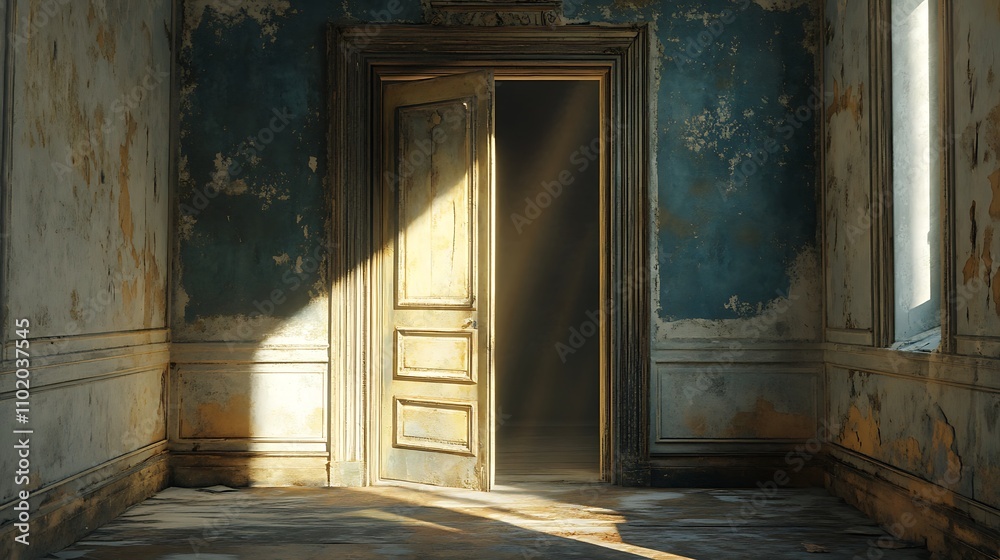Sunlit doorway in a decaying, antique room with peeling paint and aged wood. Sunlit doorway in a decaying, antique room with peeling paint and aged wood.