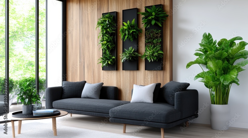 This image features a luxurious modern living room with a vertical array of lush green plants on a wooden wall, creating a serene and refreshing atmosphere indoors. This image features a luxurious modern living room with a vertical array of lush green plants on a wooden wall, creating a serene and refreshing atmosphere indoors.