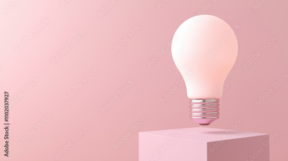 3D rendering of light bulb hovering above pink cube, creating modern and minimalistic aesthetic. soft colors evoke sense of calm and creativity 3D rendering of light bulb hovering above pink cube, creating modern and minimalistic aesthetic. soft colors evoke sense of calm and creativity