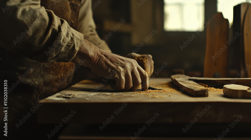 Craftsman carving wood in workshop, showcasing skilled craftsmanship Craftsman carving wood in workshop, showcasing skilled craftsmanship
