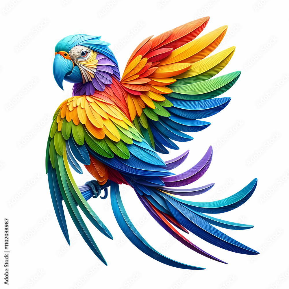 Rainbow Macaw Illustration - Colorful Feathers, Tropical Bird, Vivid Colors, Artistic, Winged Rainbow Macaw Illustration - Colorful Feathers, Tropical Bird, Vivid Colors, Artistic, Winged