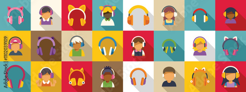Kids earphones icons set. Colorful icons of children wearing various headphones, enjoying music, games, or other audio
