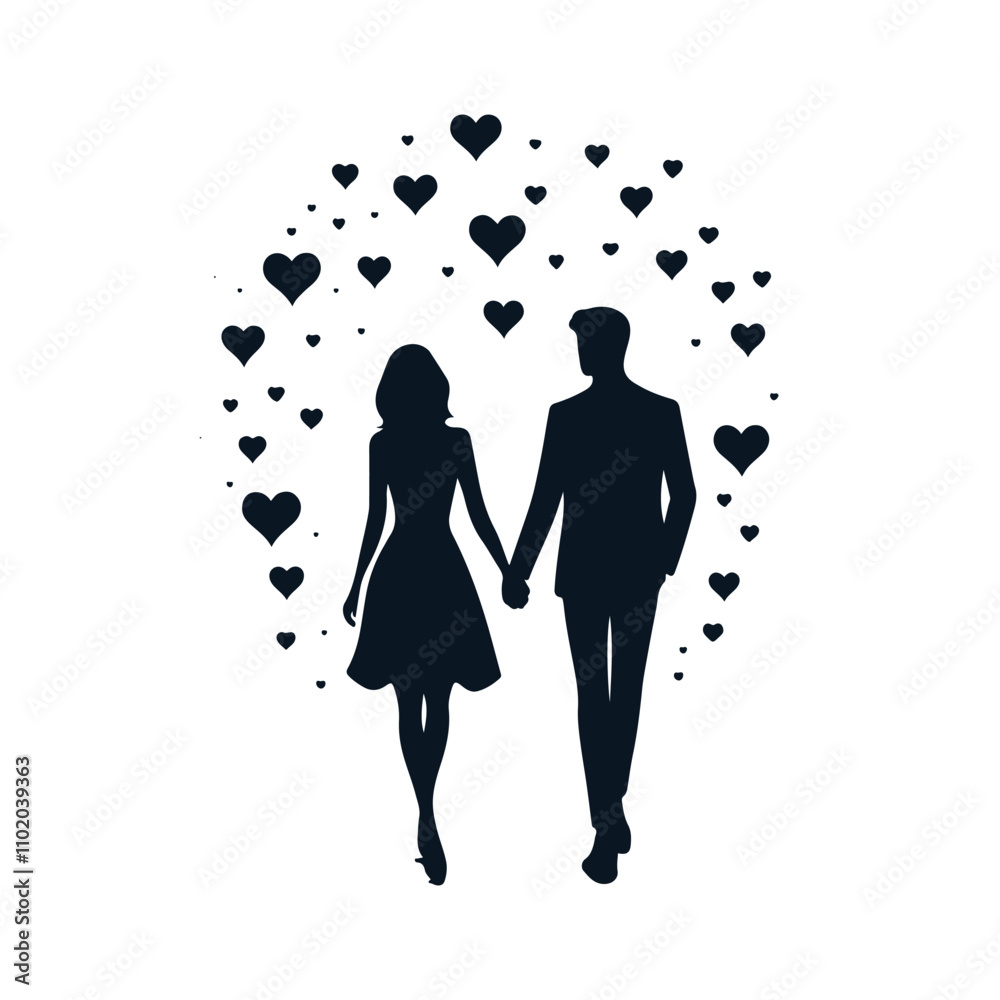 Couple Walking Hand in Hand with Hearts Silhouette Design Vector Illustration. Couple Walking Hand in Hand with Hearts Silhouette Design Vector Illustration.