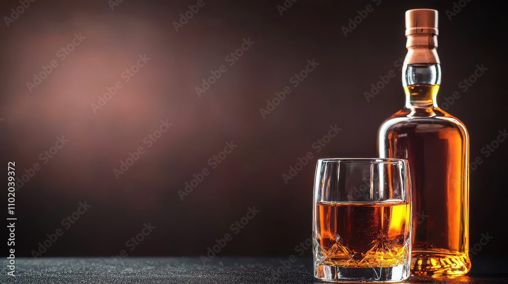 glass of whiskey and bottle on dark background, creating warm and inviting atmosphere. rich amber color of whiskey contrasts beautifully with sleek glass and bottle glass of whiskey and bottle on dark background, creating warm and inviting atmosphere. rich amber color of whiskey contrasts beautifully with sleek glass and bottle