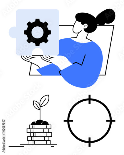 Woman holding gear puzzle piece, stack of coins with plant, target circle. Ideal for collaboration, problem-solving, financial growth, business strategy, planning innovation teamwork. Line metaphor