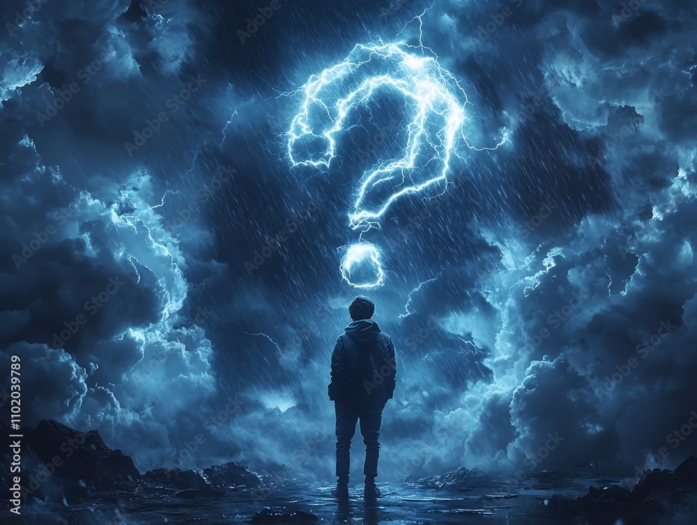 Stormy Lightning Illuminates Giant Question Mark in Sky with Lone Figure Stormy Lightning Illuminates Giant Question Mark in Sky with Lone Figure