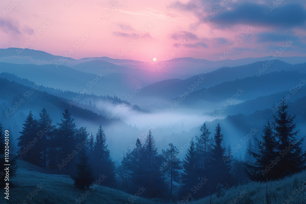 Obraz premium beautiful mountain landscape at sunset. The soft pinks and blues of the sunset sky blend with the blue shadows of the mountain ranges 