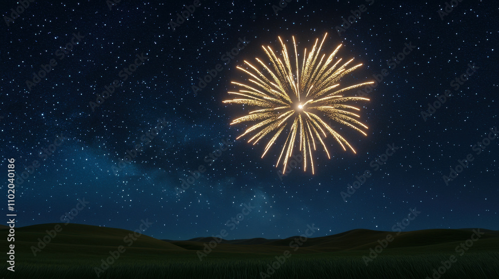 stunning fireworks display illuminates night sky, creating vibrant spectacle against backdrop of stars and rolling hills. scene evokes sense of wonder and celebration stunning fireworks display illuminates night sky, creating vibrant spectacle against backdrop of stars and rolling hills. scene evokes sense of wonder and celebration