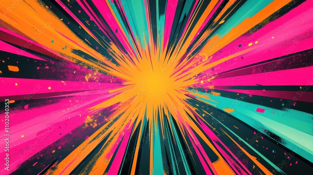 Fototapeta premium Bold glowing rays and comic textures define this smooth retro wallpaper backdrop