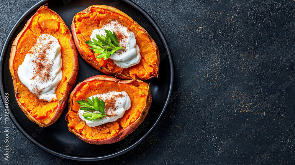Baked sweet potatoes topped with cream and cinnamon on dark plate create delicious and inviting dish. vibrant orange color contrasts beautifully with dark background, enhancing visual appeal Baked sweet potatoes topped with cream and cinnamon on dark plate create delicious and inviting dish. vibrant orange color contrasts beautifully with dark background, enhancing visual appeal