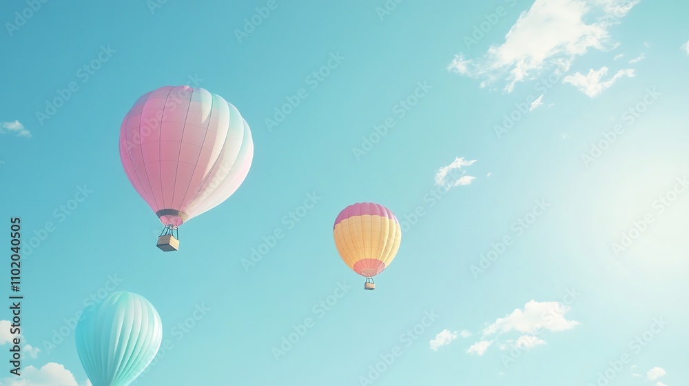 Colorful Hot Air Balloons Floating in Clear Blue Sky Colorful Hot Air Balloons Floating in Clear Blue Sky