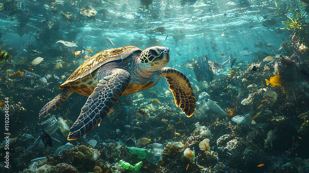 An underwater scene in a once-pristine reef, now littered with plastic ...