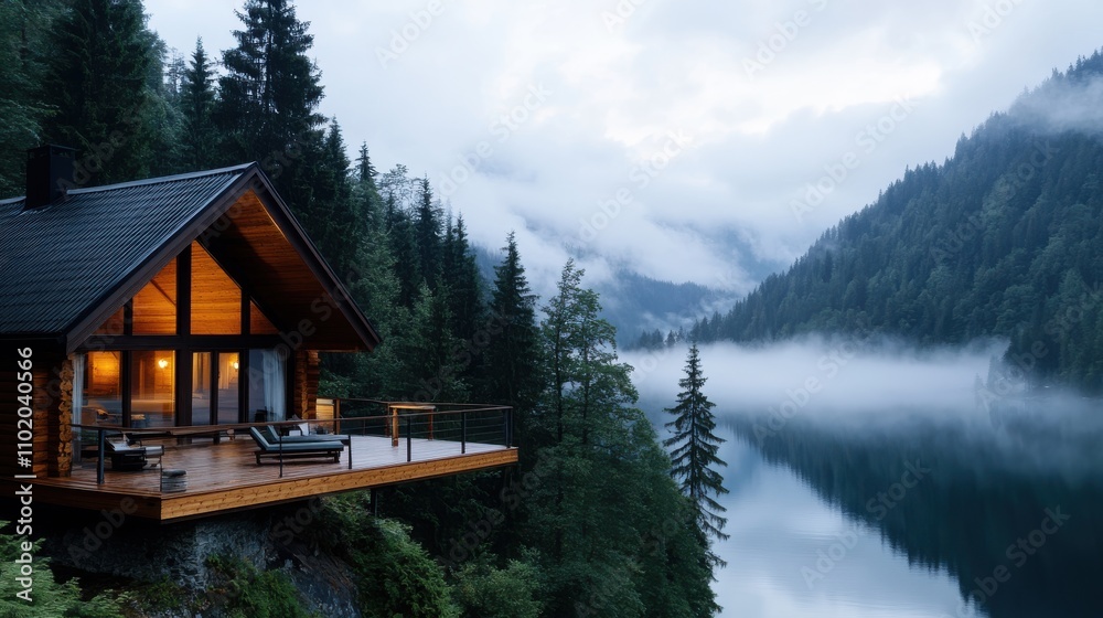 Fototapeta premium A tranquil cabin nestled in nature, overlooking a serene lake and surrounded by a misty forest, offering a peaceful retreat in the heart of the wilderness.