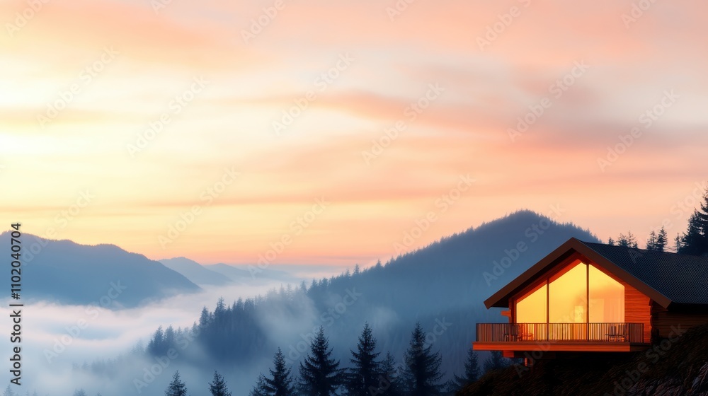 A radiant wooden cabin perched on a mountain ridge glows warmly from within as the sky blazes with a soft pastel sunset, offering a serene and enchanting atmosphere. A radiant wooden cabin perched on a mountain ridge glows warmly from within as the sky blazes with a soft pastel sunset, offering a serene and enchanting atmosphere.