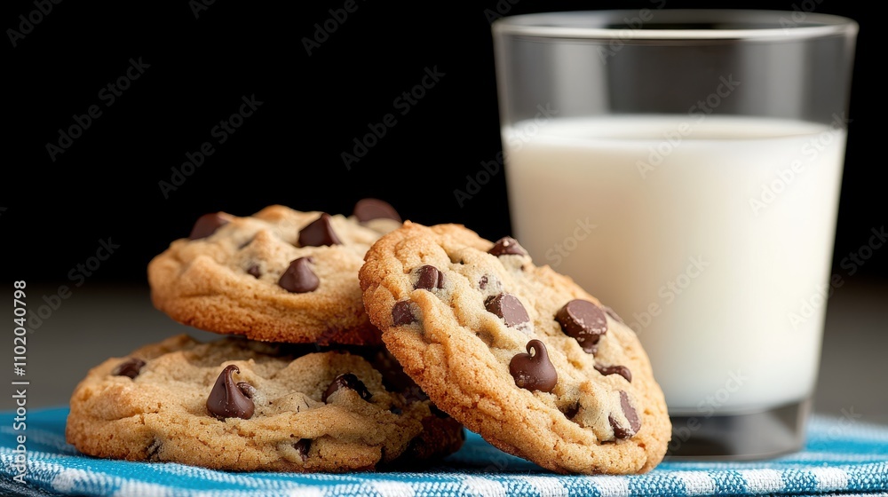 A stack of freshly baked chocolate chip cookies and a glass of milk sit invitingly on a table, appealing to the senses with their classic and comforting allure. A stack of freshly baked chocolate chip cookies and a glass of milk sit invitingly on a table, appealing to the senses with their classic and comforting allure.