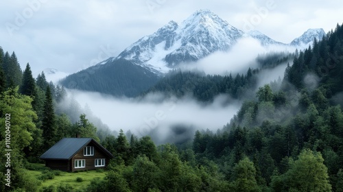 A majestic mountain peak rises above a mist-laden forest and lush greenery, creating an awe-inspiring and tranquil scene that captivates nature enthusiasts worldwide.