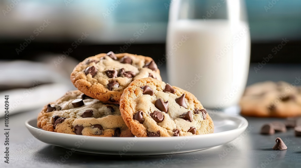 A plate stacked with delicious chocolate chip cookies alongside a glass of milk, set on a dark surface. A perfect snack for any time of the day. A plate stacked with delicious chocolate chip cookies alongside a glass of milk, set on a dark surface. A perfect snack for any time of the day.
