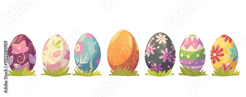 Set of cartoon Easter chocolate eggs, traditional painted eggs, spring holiday egg hunt game items, colorful decorations. flat illustration surprise eggs, isolated transparent background