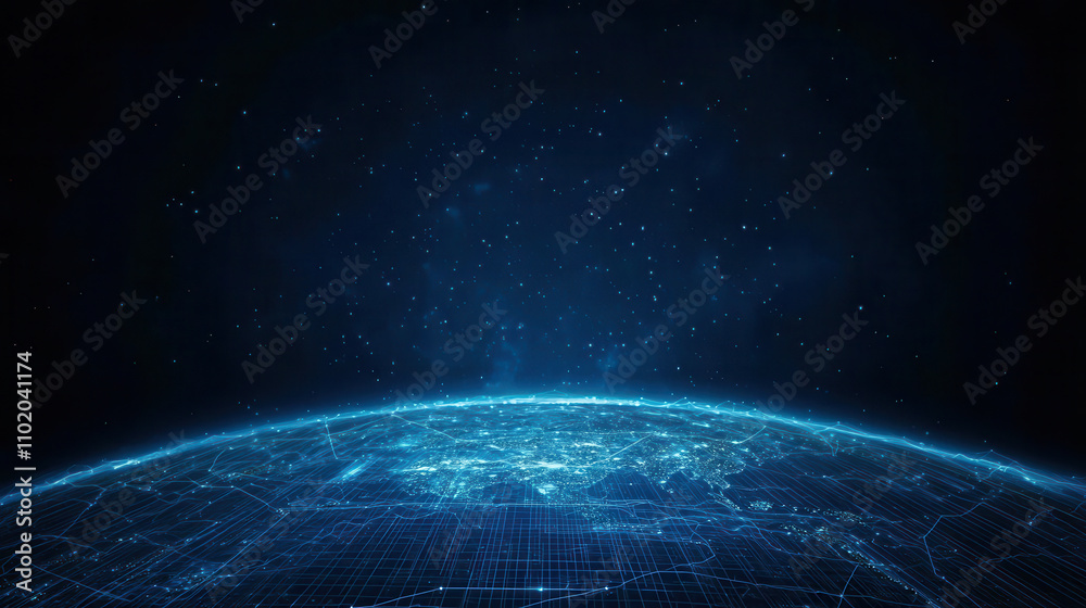 Obraz premium digital world map background featuring global network connections, showcasing futuristic view of Earth with glowing lines and stars. This represents technology and connectivity