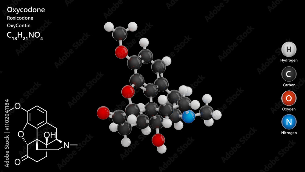Molecule: Oxycodone. Drug. Molecular structure. Formula: C18H21NO4. Chemical model: Ball and stick. Black background. 3D illustration. Molecule: Oxycodone. Drug. Molecular structure. Formula: C18H21NO4. Chemical model: Ball and stick. Black background. 3D illustration.