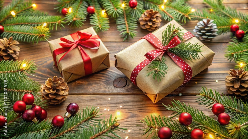Christmas gift boxes with fir tree branches and festive decoration, Christmas, gift boxes, fir tree, branches, decoration