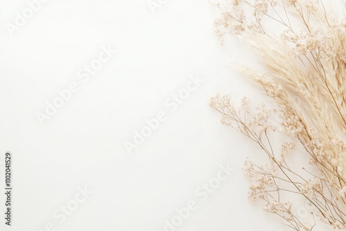 Dry grass close up. Selective focus. Beautiful withered plants on white. Creamy colour dried grass on white. Abstract brown flowers, herbs. Pastel natutral colors. Neutral Earth tones. Pampas, seeds. photo