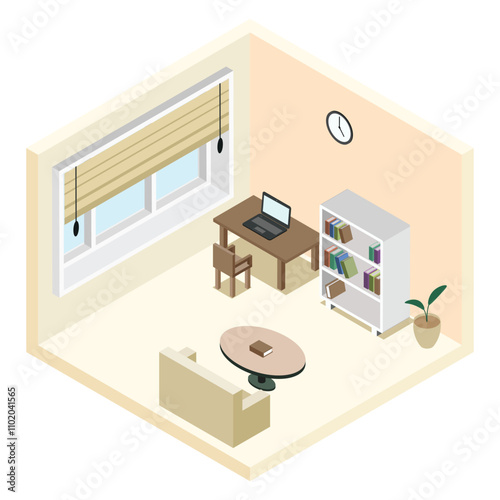 3d isometric room , office room , study room , shelf, sofa, work from home