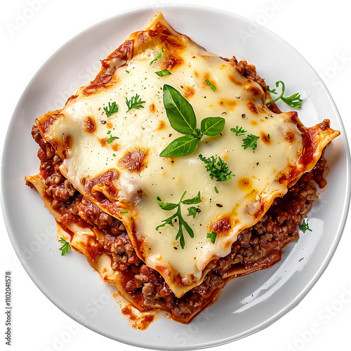 Top view of a plate of lasagna with layers of cheese