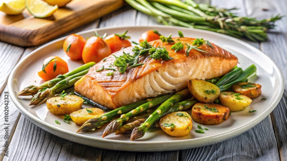 Seared salmon with herb garnish and roasted potatoes, asparagus, and carrots on a white plate, salmon, herb Seared salmon with herb garnish and roasted potatoes, asparagus, and carrots on a white plate, salmon, herb