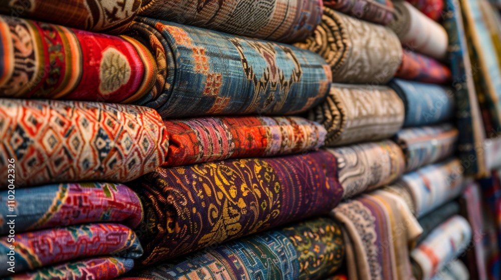 Stack of colorful rolled fabrics with intricate patterns Stack of colorful rolled fabrics with intricate patterns