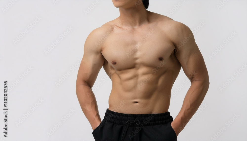 운동복을 입고 복근이 드러난 상체가 옆으로 비틀어진 자세 운동복을 입고 복근이 드러난 상체가 옆으로 비틀어진 자세