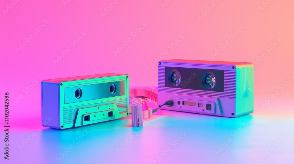 Fototapeta premium A pair of retro cassette tapes, colored with bright neon lights, rest on a soft pastel surface. The scene merges nostalgia with a modern, colorful twist, evoking retro aesthetics with a vibrant