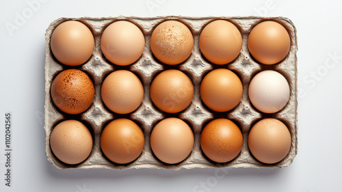 Fresh eggs in carton on white background, showcasing various shades and textures. This top view captures natural beauty and diversity of eggs, perfect for culinary themes photo