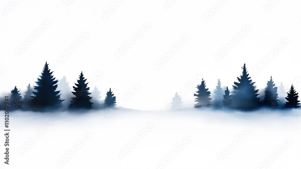 Obraz premium Snowy landscape in watercolor with towering pines, softly falling snowflakes, and a quiet horizon