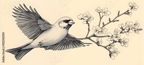 Wallpaper Mural A beautifully illustrated flying bird with outstretched wings, gracefully hovering next to a delicate branch adorned with blooming flowers, showcasing nature's elegance. Torontodigital.ca