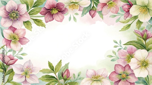 Watercolor frame with hellebore flowers in a whimsical style, spring flowers, garden decor, hellebore painting