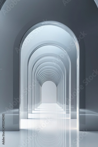 Endless row of futuristic white arches in perspective