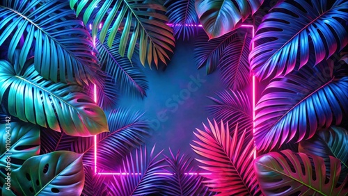 Tropical leaf background with vibrant neon glow , vibrant, tropical, leaf, background, neon, glow, color toned, exotic