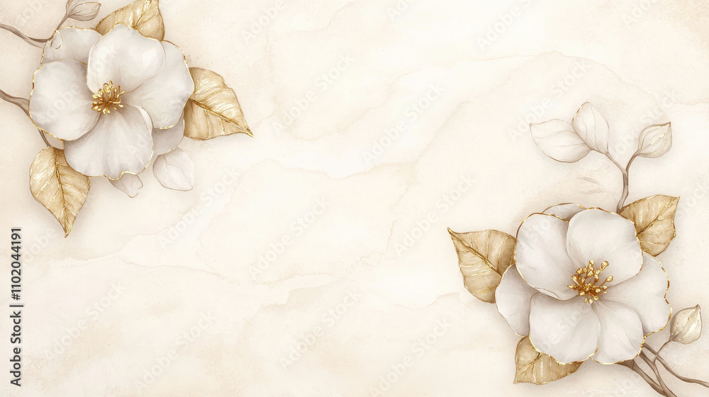 Elegant watercolor flowers with soft gold leaves on light background create serene and gentle atmosphere. Perfect for various design projects Elegant watercolor flowers with soft gold leaves on light background create serene and gentle atmosphere. Perfect for various design projects