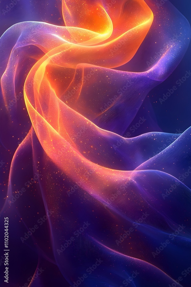 Obraz premium A captivating swirl of flowing fabric in vibrant orange and purple hues, creating a mystical and ethereal atmosphere with soft, glowing particles scattered throughout.