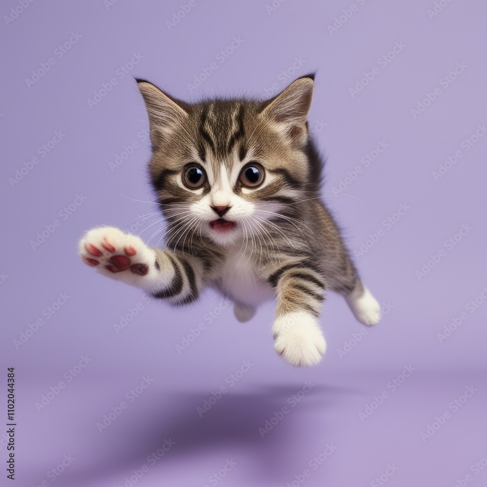A playful tabby kitten leaping directly toward the camera with wide-open eyes and outstretched paws, creating a dynamic and engaging perspective A playful tabby kitten leaping directly toward the camera with wide-open eyes and outstretched paws, creating a dynamic and engaging perspective