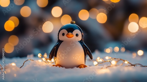 30. A penguin figurine on a snowy table surrounded by tiny Christmas lights