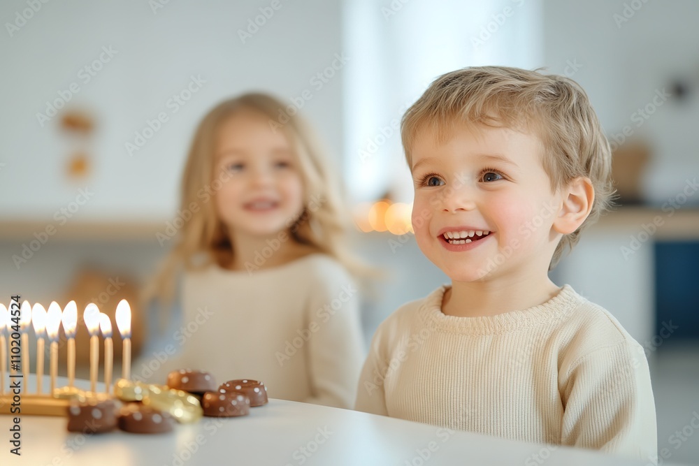 Children celebrating Hanukkah with lit candles and sweets Children celebrating Hanukkah with lit candles and sweets