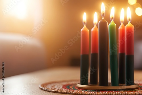 Lit candles in Kwanzaa kinara, cultural holiday vibe photo