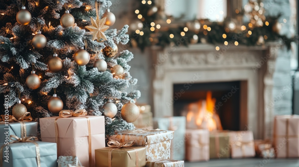 Festive Christmas Tree Decorated with Lights and Gifts by Fireplace Festive Christmas Tree Decorated with Lights and Gifts by Fireplace