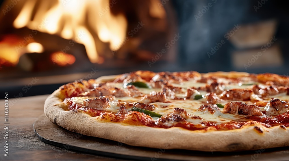 A freshly baked pizza with herbs, capturing the moments in a wood-fired oven with a fiery background, evoking a sense of warmth and rustic culinary art.