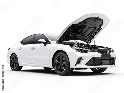 A sleek white car with its hood open, showcasing the engine, ideal for automotive diagnostics, repairs, or sales imagery.. photo